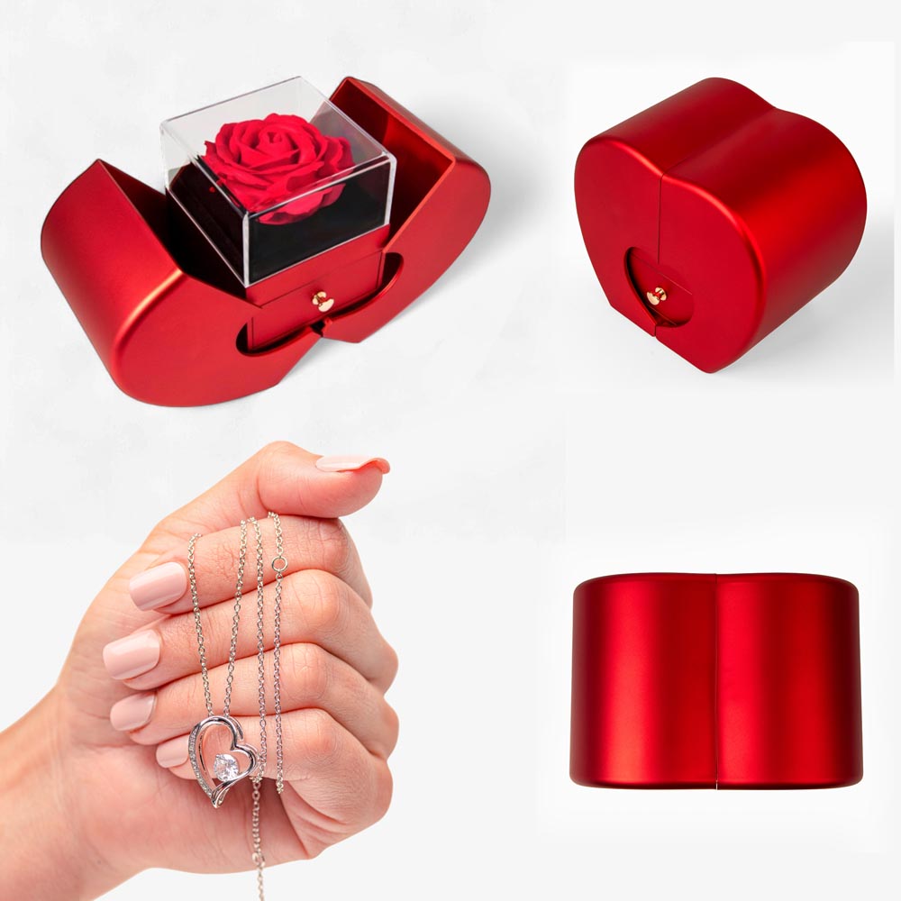 Red Heart Rose Box with Forever Love Heart Necklace