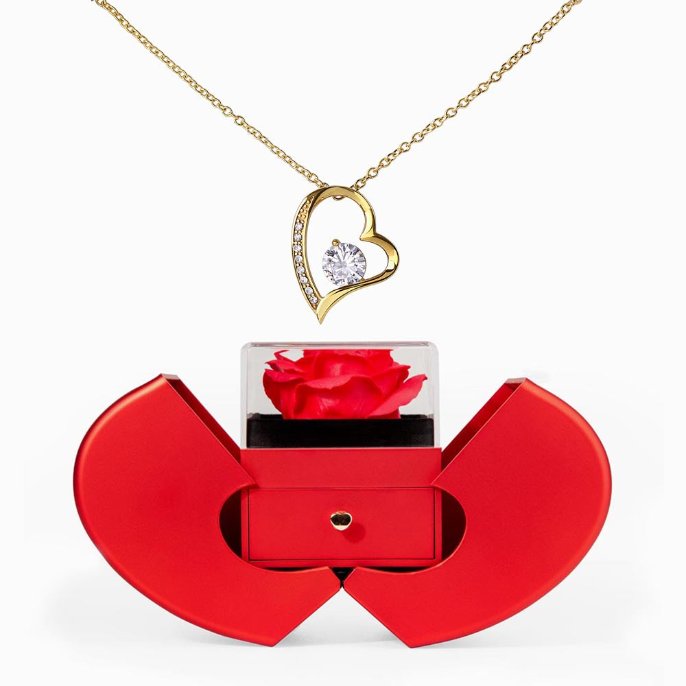 Red Heart Rose Box with Forever Love Heart Necklace