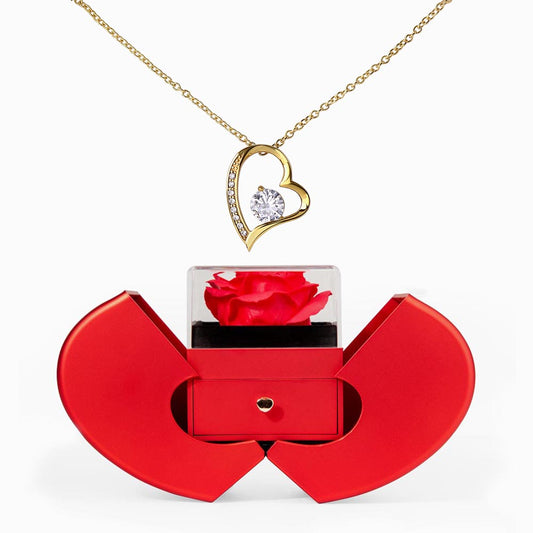 Red Heart Rose Box with Forever Love Heart Necklace