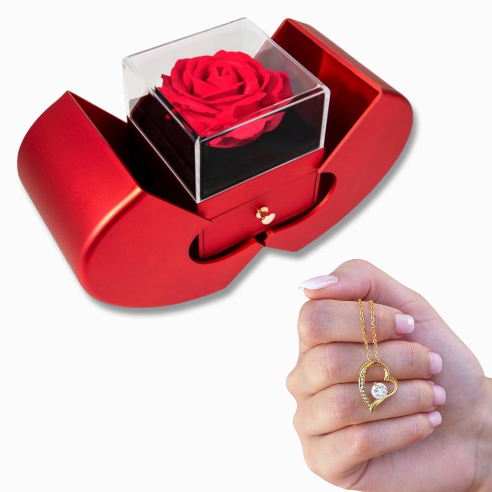 Red Heart Rose Box with Forever Love Heart Necklace