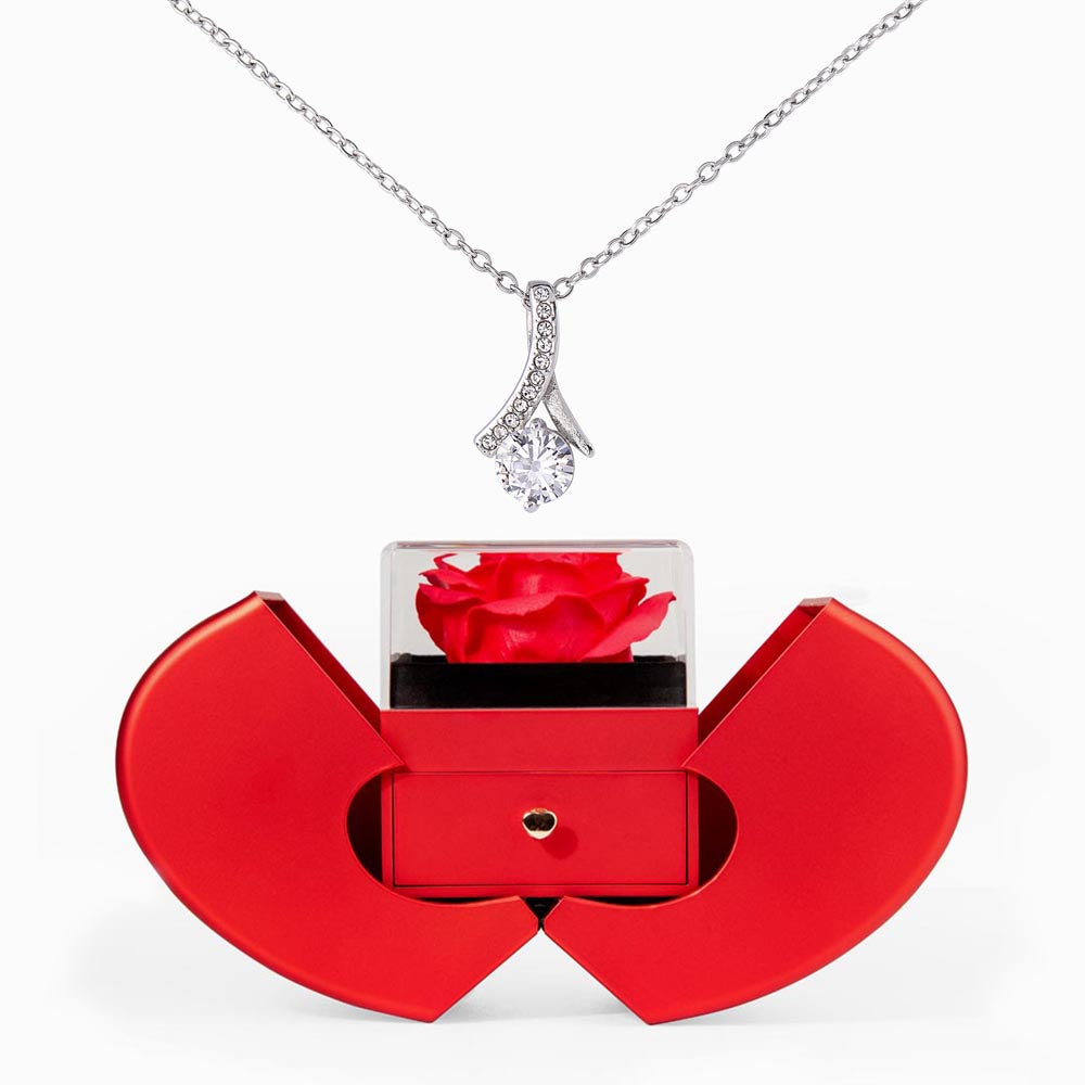 Red Heart Rose Box with Alluring Beauty Necklace