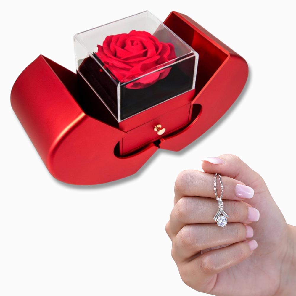 Red Heart Rose Box with Alluring Beauty Necklace