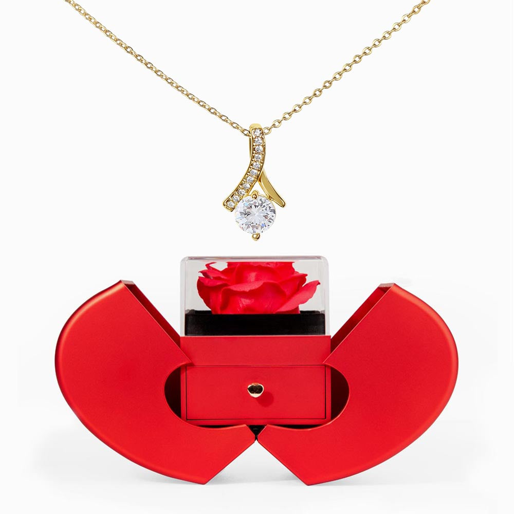 Red Heart Rose Box with Alluring Beauty Necklace