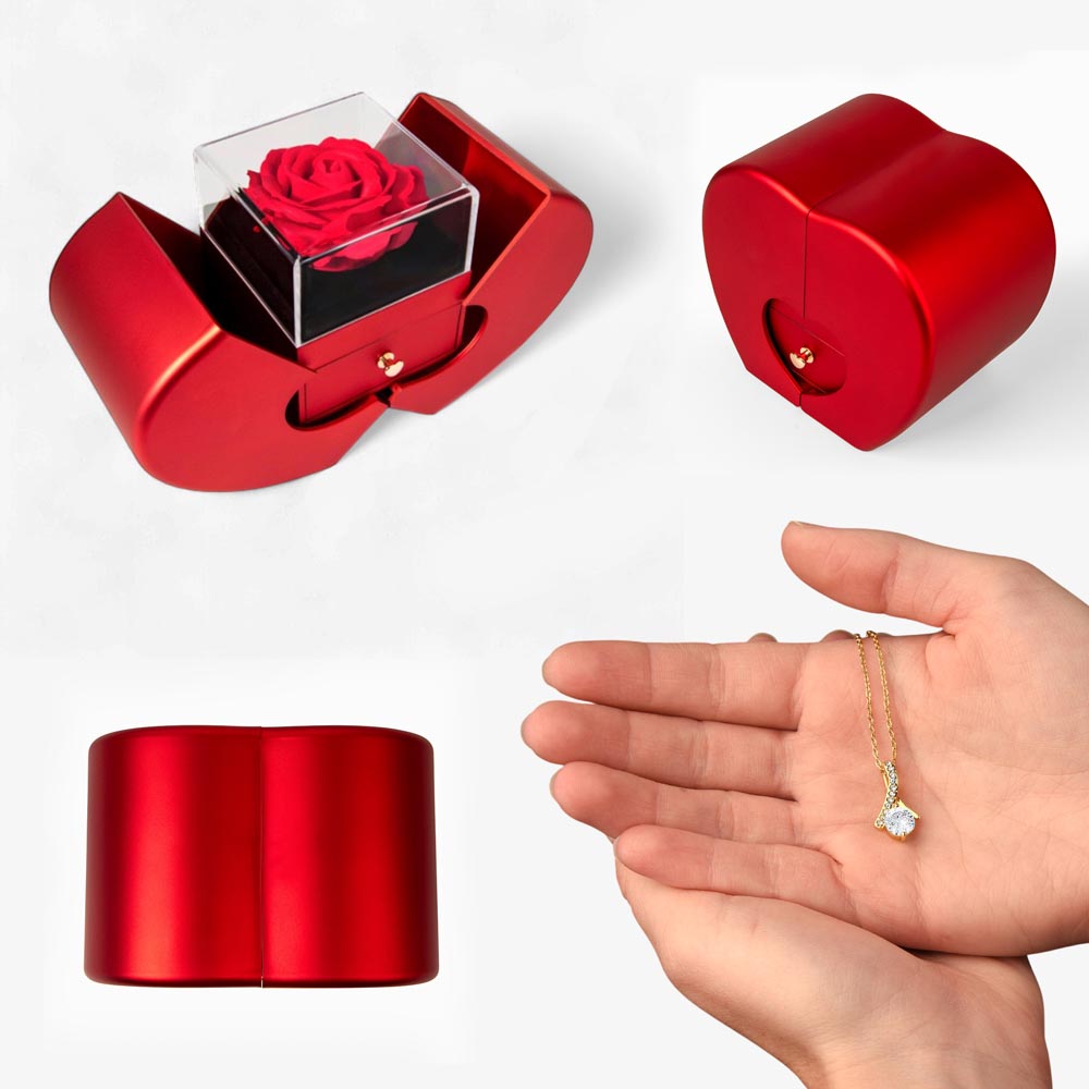 Red Heart Rose Box with Alluring Beauty Necklace