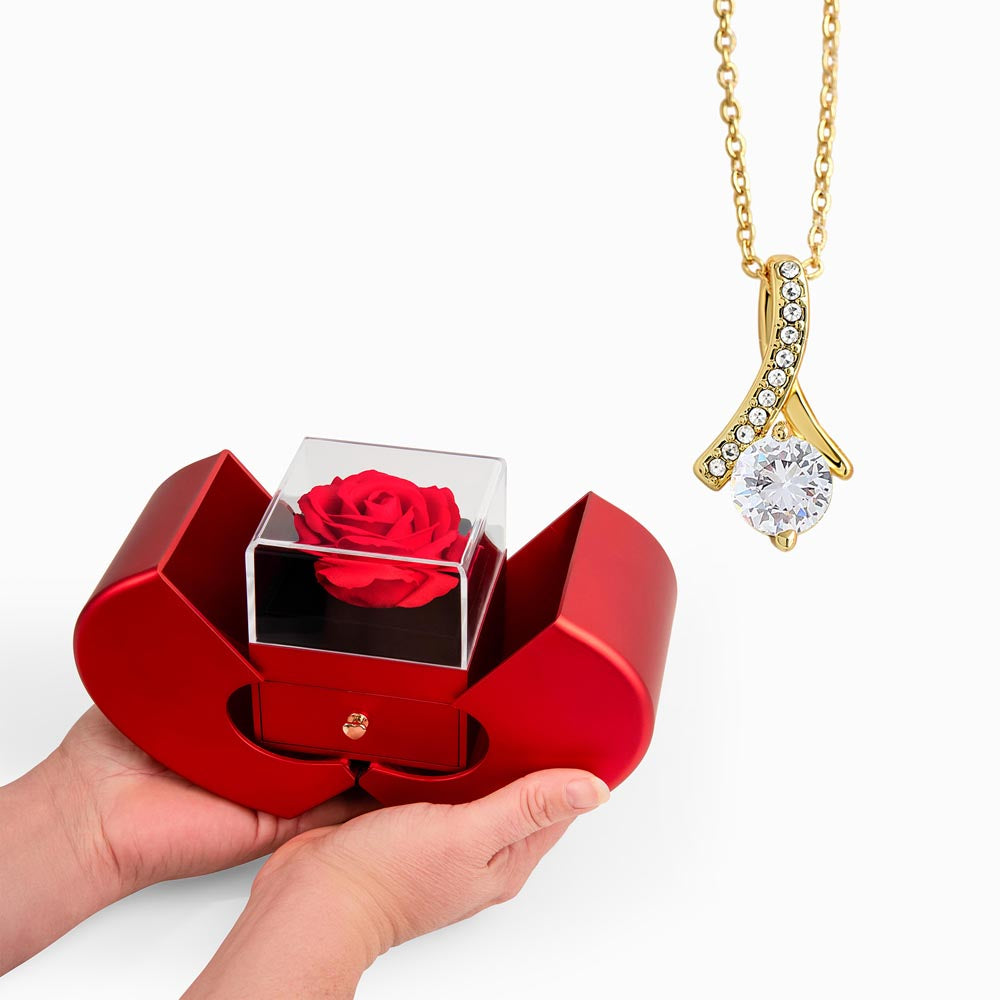 Red Heart Rose Box with Alluring Beauty Necklace