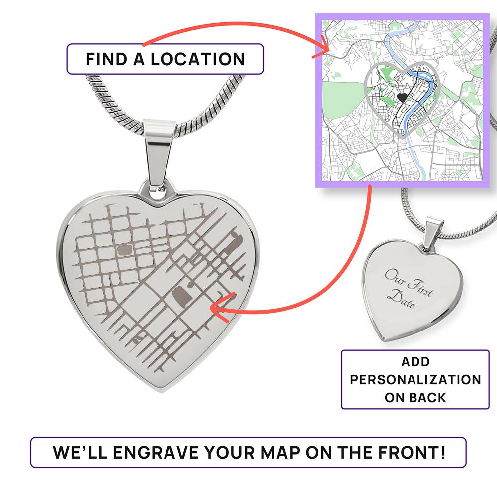 Custom Engraved Map Heart Necklace