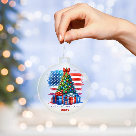 Patriotic Merry Christmas Family Name | Personalized Acrylic Ornament