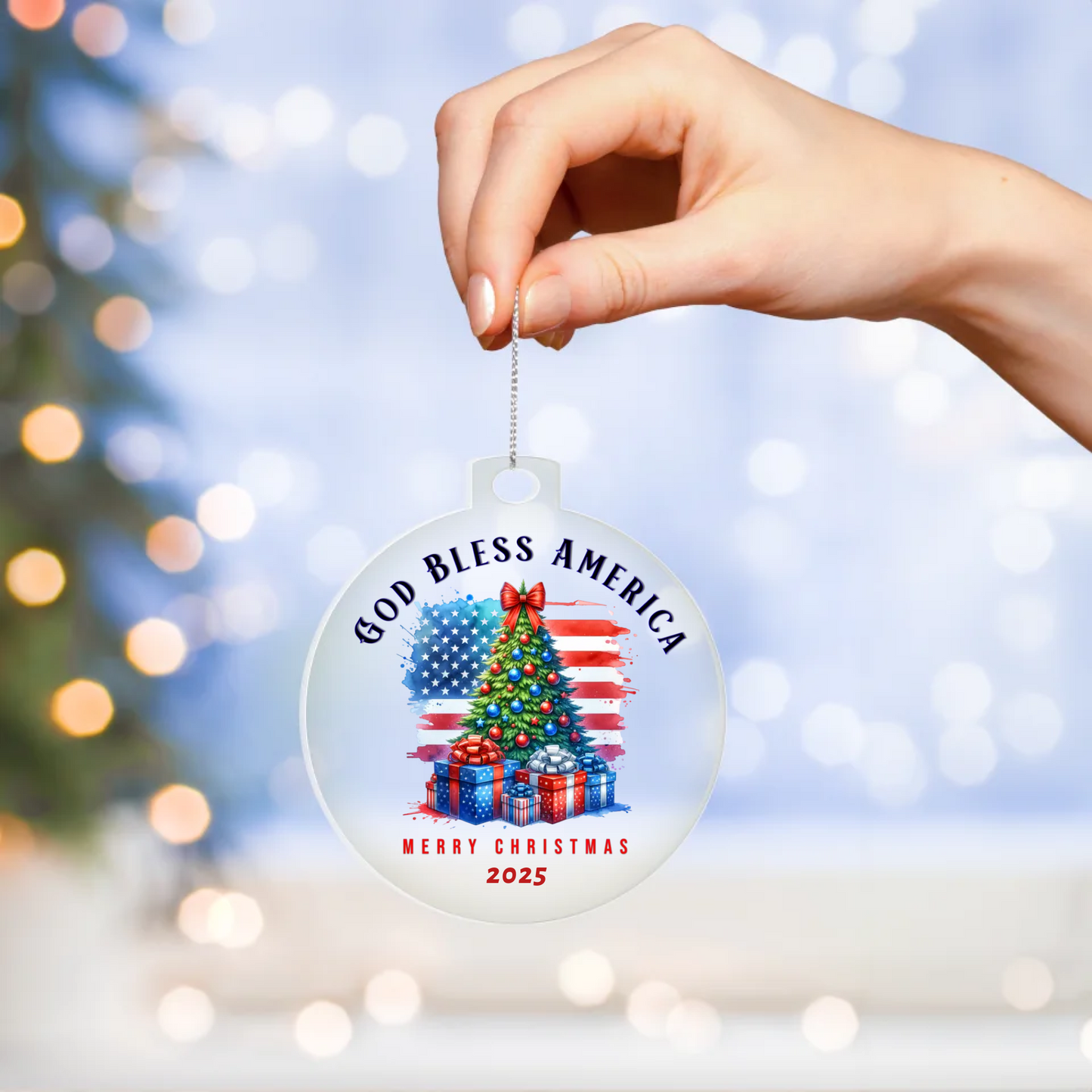 Patriotic God Bless America Christmas Personalized Acrylic Ornament