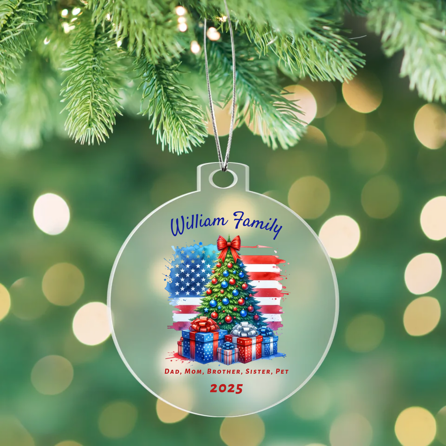 Personalized Patriotic Christmas Ornament | Custom Family Name Holiday Keepsake